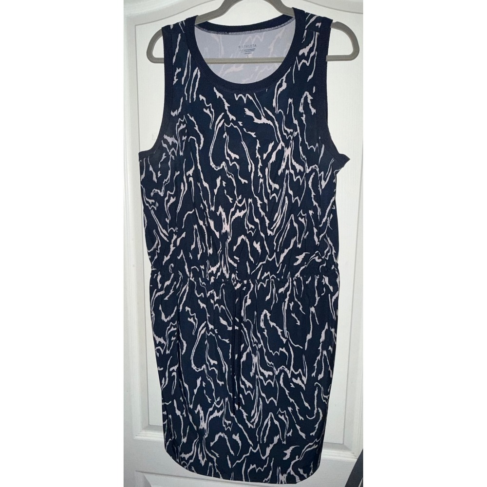 Athleta Navy Blue White Abstract Print Sleeveless Drawstring Waist Dress Large